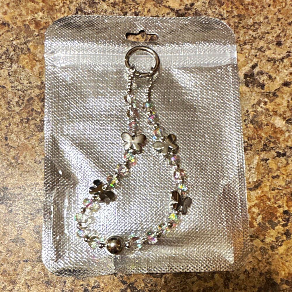 Butterfly Dangle Charm Crystal Beaded Silver Tone Bracelet Toggle Cable Chain